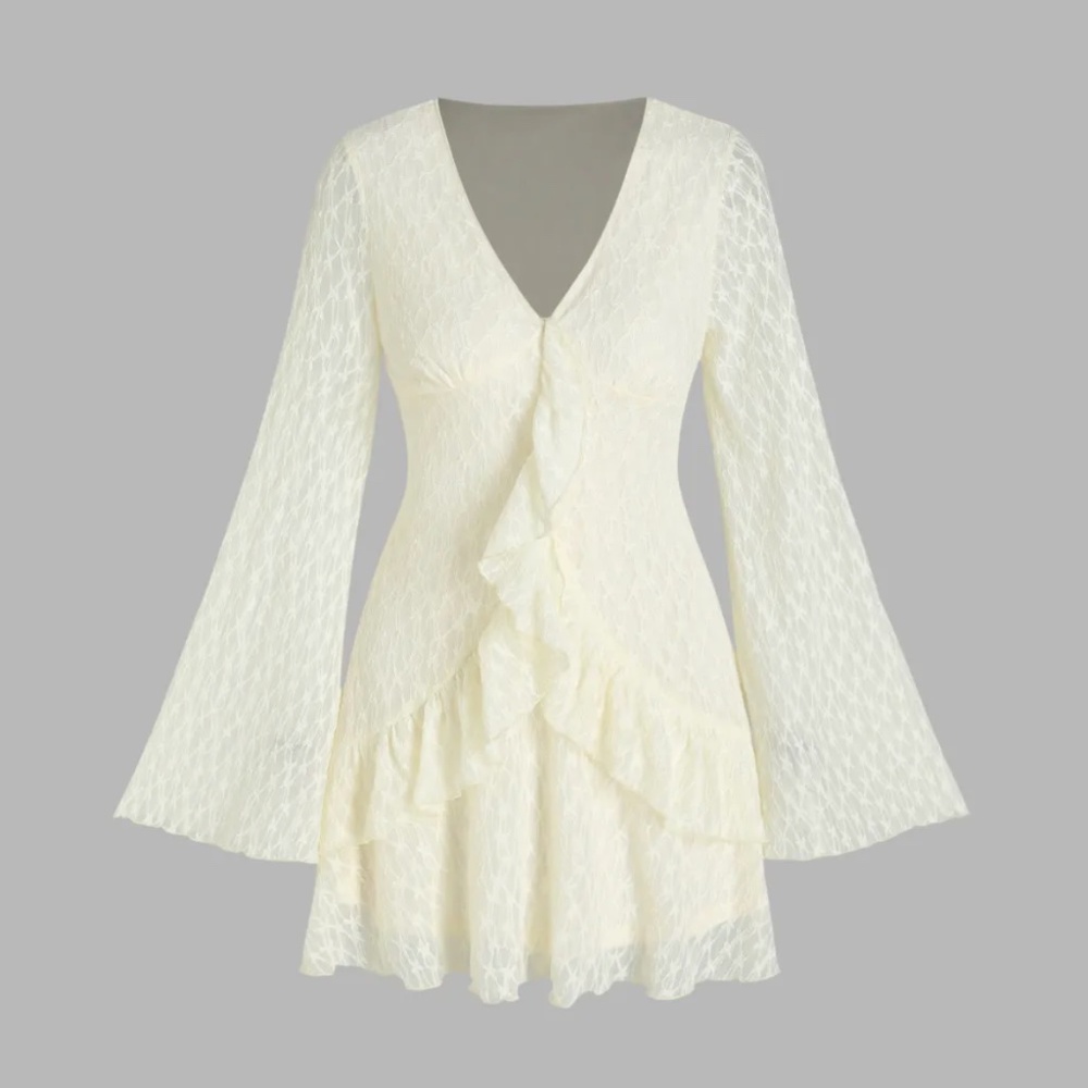 Cider Lace V-neck Ruffle Hem Mini Dress